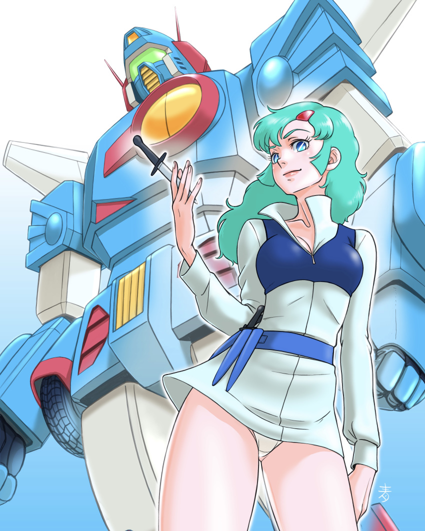 absurdres aobito_sukoyaka_bystander belt blue_eyes breasts elchi_cargo female green_hair hair_ornament hairclip highres holding holding_knife knife long_hair long_sleeves mecha panties robot sentou_mecha_xabungle small_breasts solo standing underwear white_panties xabungle_(mecha)