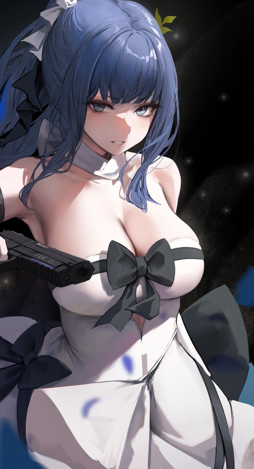 absurdres bare_shoulders bible_verse black_background black_bow blue_archive blue_eyes blue_hair blue_petals bow breasts cleavage collarbone dress dress_bow female gun hair_ornament handgun highres holding holding_gun holding_weapon large_breasts leviathan_(hikinito0902) long_hair looking_at_viewer motion_blur ponytail saori_(blue_archive) saori_(dress)_(blue_archive) sig_p220/p226 sig_sauer simple_background solo strapless strapless_dress upper_body v-shaped_eyebrows weapon white_dress