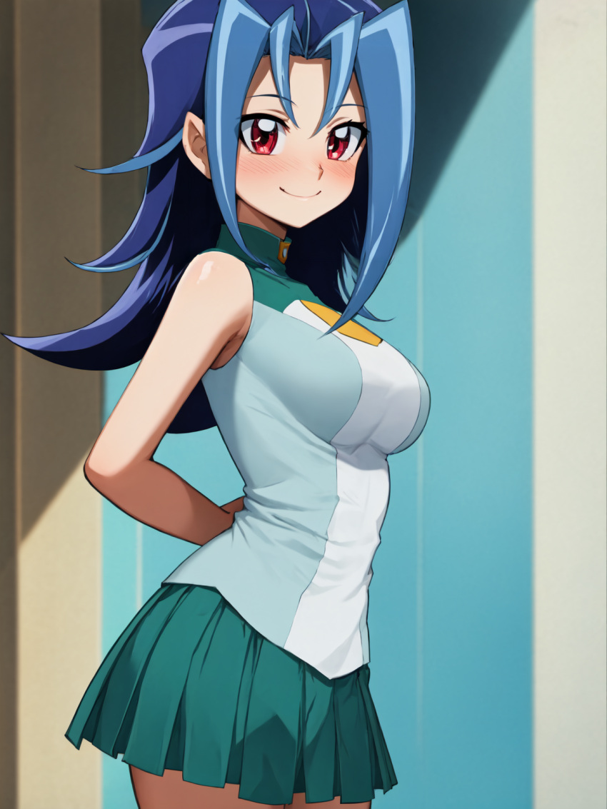 ai_generated blue_hair blush female huge_breasts kamishiro_rio long_hair looking_at_another red_eyes rio_kamishiro school_uniform short_skirt skirt smile solo tonysss yu-gi-oh! yu-gi-oh!_zexal