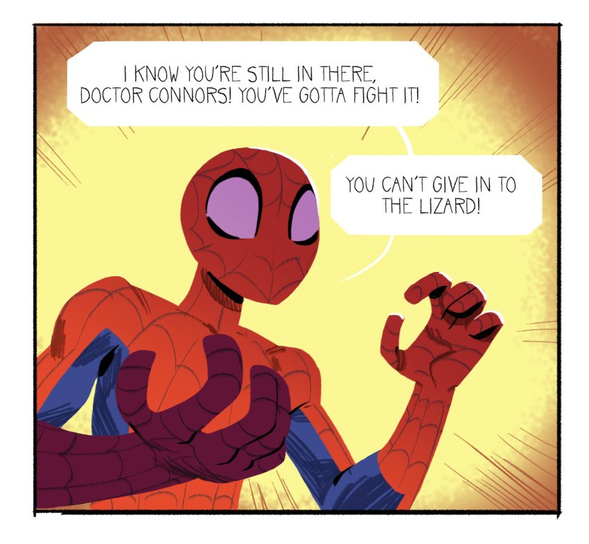 abstract_background begging border bryanwongillustrator dialogue english_text human male mammal marvel offscreen_character solo speech_bubble spider-man_(character) spider-man_(series) superhero superhero_costume text white_border wide_eyed