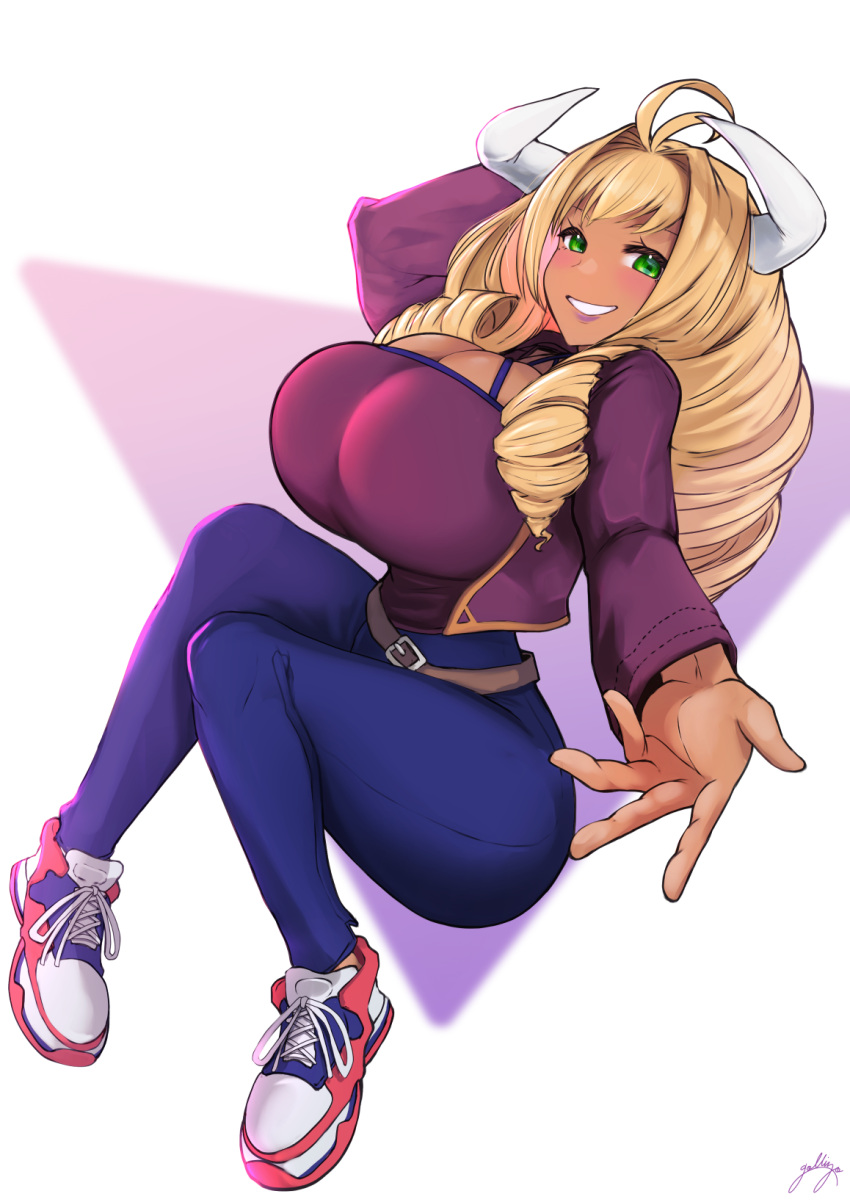 antenna_hair belt blonde_hair blue_pants blush breasts cleavage commission dark-skinned_female dark_skin draph drill_hair gollizo granblue_fantasy green_eyes grin highres horns huge_breasts jacket long_hair original pants pixiv_commission purple_jacket quad_drills reaching_towards_another shoes signature simple_background smile sneakers