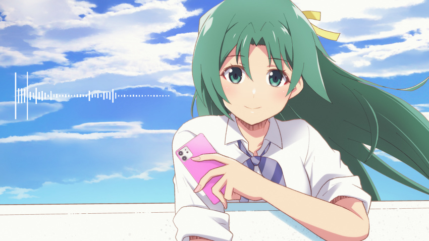 blue_background cellphone closed_mouth cloud collarbone collared_shirt day female floating_hair green_eyes green_hair hair_between_eyes hair_intakes hair_ribbon highres higurashi_no_naku_koro_ni holding holding_phone long_hair looking_at_viewer phone ribbon school_uniform shirt sleeves_rolled_up smartphone smile solo sonozaki_shion st._lucia_academy_school_uniform tonogai_yoshiki upper_body very_long_hair white_shirt wing_collar yellow_ribbon