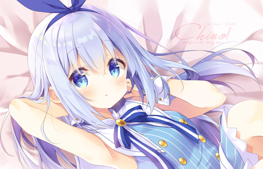 arm_behind_back blue_bow blue_dress blue_eyes blue_hair blue_hairband blue_ribbon bow bow_hairband character_name dress female gochuumon_wa_usagi_desu_ka? hairband hairbow hands_in_hair kafuu_chino long_hair mocha_(naturefour) neck_ribbon ribbon sailor_collar sailor_dress short_dress sleeveless sleeveless_dress solo striped_clothes striped_dress vertical-striped_clothes vertical-striped_dress very_long_hair white_sailor_collar wrist_cuffs