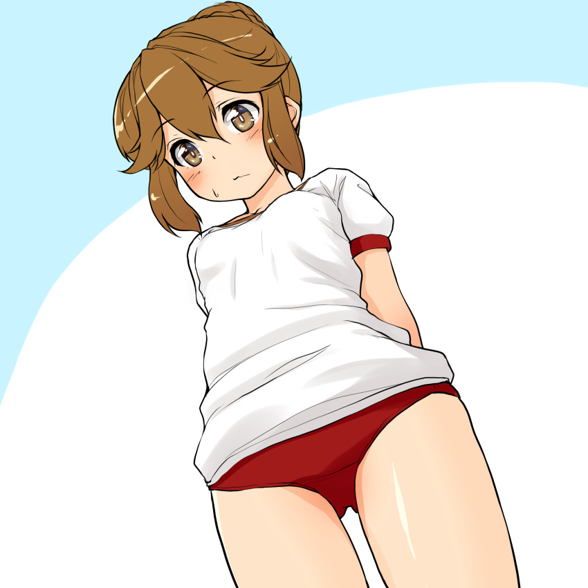 arms_behind_back blush breasts brown_eyes brown_hair buruma closed_mouth commentary_request expressionless female gym_uniform hair_bun highres junk_gaming_maiden kitsunerider looking_at_viewer looking_down medium_breasts red_buruma ryou-san_(junk_gaming_maiden) shirt short_hair solo white_shirt