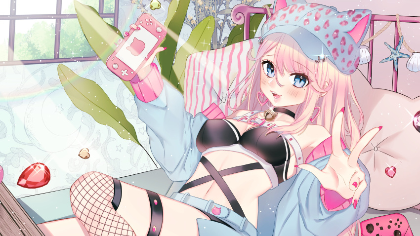 absurdres bad_id bad_twitter_id blue_eyes blush breasts feline female fishnet_thighhighs fishnets game_console highres indoors kotonoha_daku looking_at_viewer maha5 maha5japan mole mole_under_eye nail_polish pale_skin pink_hair sanuki_you solo thighhighs virtual_youtuber