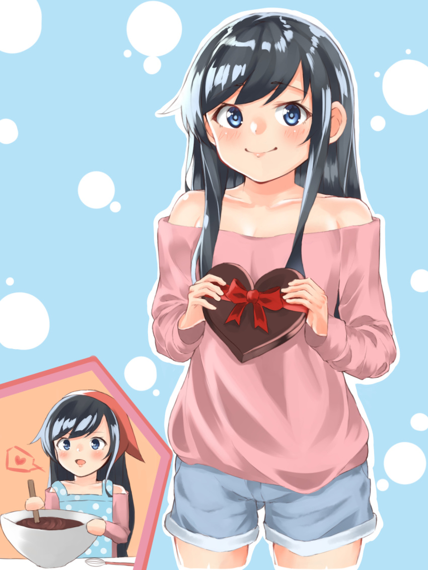 alternate_costume apron asashio_(kancolle) bandana bare_shoulders black_hair blue_apron blue_background blue_eyes blue_shorts casual chocolate commentary_request cowboy_shot denim denim_shorts female heart highres kantai_collection long_hair looking_at_viewer multiple_views off-shoulder_shirt off_shoulder pink_shirt polka_dot polka_dot_apron polka_dot_background shirt shorts soujou_motona spoken_heart