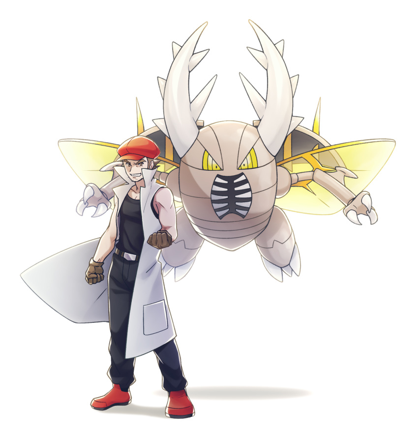 1boy belt belt_buckle black_shirt brown_gloves brown_hair buckle clenched_hand coat commentary_request gloves hat highres looking_at_viewer male_focus mega_pinsir mega_pokemon momoji_(lobolobo2010) noland_(pokemon) pants pinsir pokemon pokemon_(creature) pokemon_emerald pokemon_rse red_footwear red_headwear shirt shoes sleeveless sleeveless_coat smile standing