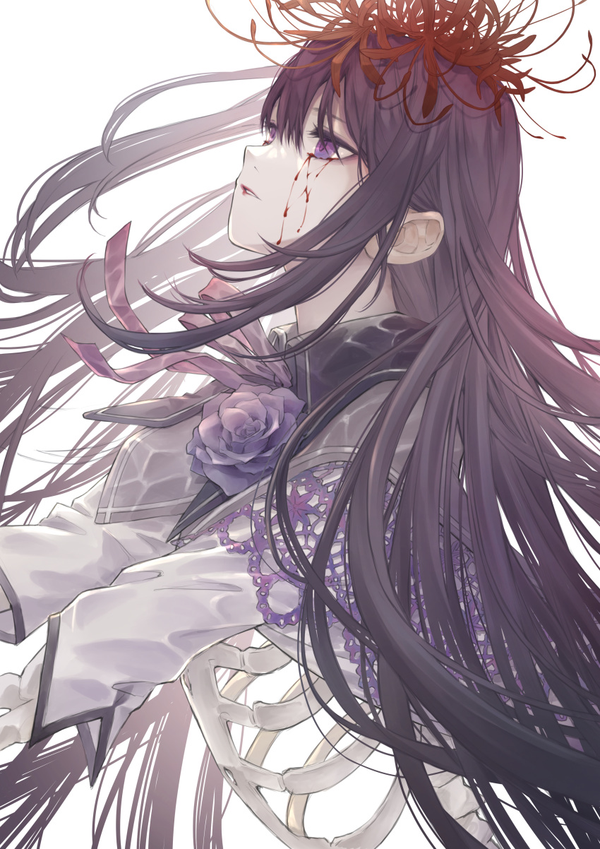 absurdres akemi_homura akemi_homura_(magical_girl) black_hair blood blood_from_eyes bone capelet commentary female flower from_side hair_flower hair_ornament highres homulilly lace lace_capelet long_hair long_sleeves magical_girl mahou_shoujo_madoka_magica mahou_shoujo_madoka_magica:_hangyaku_no_monogatari parted_lips purple_capelet purple_eyes purple_flower purple_ribbon purple_rose red_flower ribbon ribs riri_(ririwaldorf) rose solo spider_lily witch_(madoka_magica)