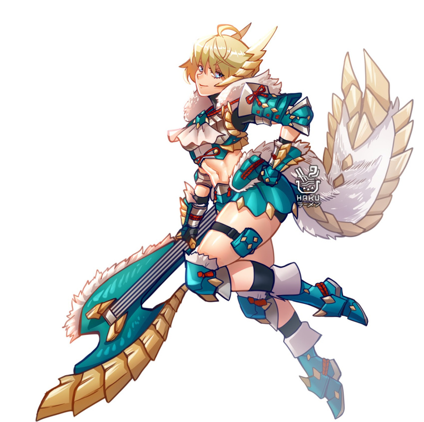 ahoge aqua_footwear armor armored_boots artist_name ascot bike_shorts black_gloves black_shorts blonde_hair blue_eyes boots breasts cleavage crop_top eyelashes female fire_emblem fire_emblem_engage full_body fur_collar fur_trim gauntlets gloves hair_between_eyes hakuramen hand_on_own_hip highres holding hunting_horn knee_pads long_hair looking_at_viewer merrin_(fire_emblem) midriff monster_hunter_(series) navel pouch shorts simple_background skindentation smile solo thigh_pouch thigh_strap weapon white_ascot white_background zinogre_(armor)