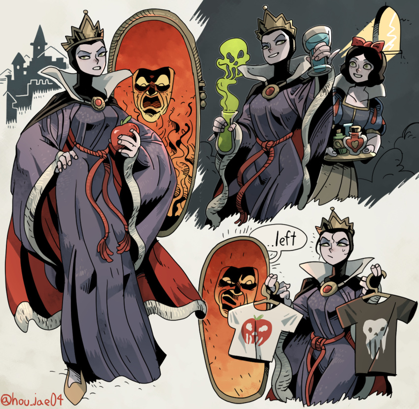 2girls apple apple_print beaker cape castle clothes_hanger english_text fingerless_gloves food fruit glass_bottle gloves hair_between_eyes ho-uja holding holding_food holding_fruit magic_mirror_(snow_white) mother_and_daughter multiple_girls poison_(final_fight) puffy_sleeves queen queen_grimhilde shirt skull_print snow_white_(disney) snow_white_and_the_seven_dwarfs speech_bubble t-shirt test_tube thunder