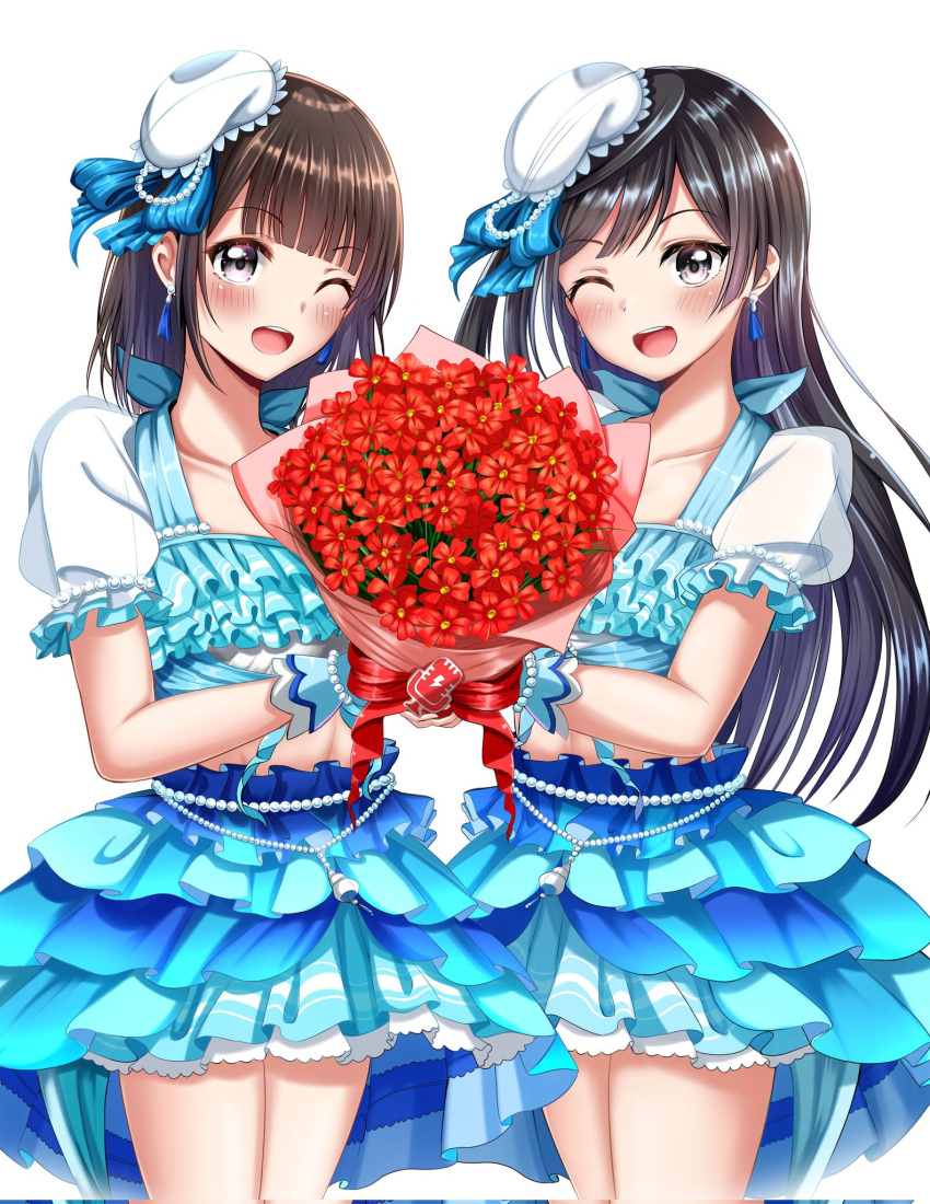 2girls animification black_hair blue!_(love_live!) blush bouquet brown_hair collarbone commentary corrupted_twitter_file earrings flower grey_eyes hat highres holding holding_bouquet jewelry kusunoki_tomori long_hair looking_at_viewer love_live! love_live!_nijigasaki_high_school_idol_club multiple_girls one_eye_closed one_side_up real_life ryopa short_hair sidelocks smile upper_body voice_actor voice_actor_connection white_background yuki_setsuna_(love_live!)