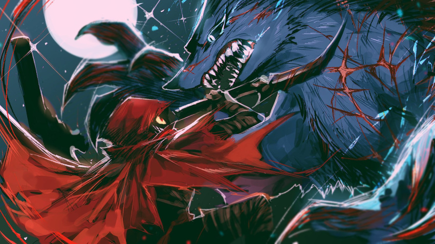 bad_id bad_twitter_id battle big_and_will_be_bad_wolf blood blood_on_weapon blue_eyes blue_fur cape claws colored_sclera commentary cuts female full_moon grin gun highres holding holding_gun holding_sword holding_weapon hood hood_up hooded_cape injury korean_commentary little_red_riding_hooded_mercenary lobotomy_corporation looking_at_another moon project_moon red_cape red_eyes remsrar sharp_teeth smile sword teeth weapon wolf yellow_sclera