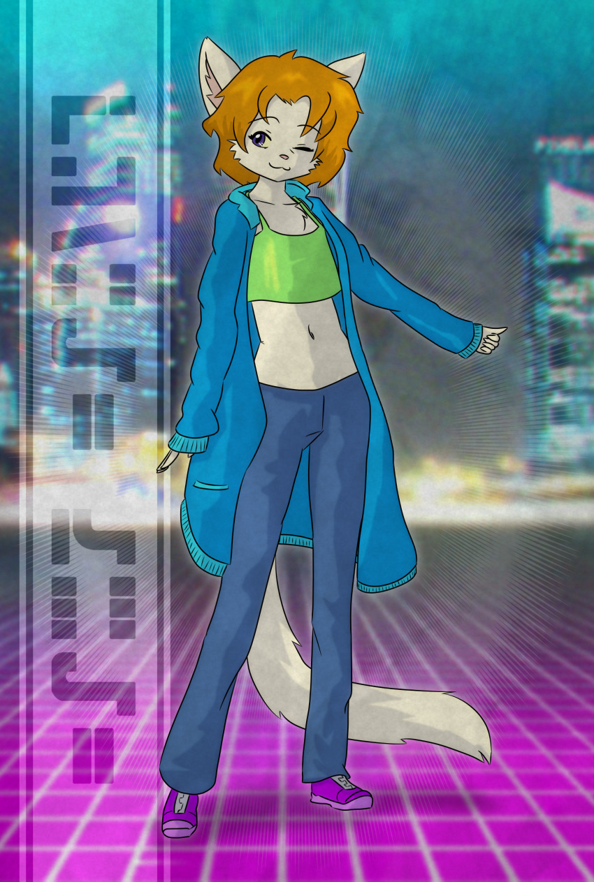 2023 anthro bottomwear clothing denim denim_bottomwear denim_clothing digital_media_(artwork) farrah_furcett felid felin female flat_chested footwear fur hair hi_res jacket jeans kawaoneechan mammal midriff oversized_clothing pants shirt shoes smile sneakers solo standing tail tank_top text topwear