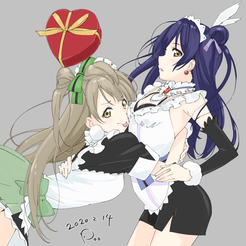 2girls apron blue_hair bow box chocolate commentary_request cowboy_shot detached_sleeves from_side green_bow grey_hair hair_between_eyes heart-shaped_box highres hug long_hair looking_at_viewer love_live! love_live!_school_idol_project maid maid_apron maid_headdress minami_kotori mogyutto_"love"_de_sekkin_chuu! multiple_girls one_side_up pencil_skirt simple_background skirt sonoda_umi tani_takuya tongue tongue_out valentine yellow_eyes