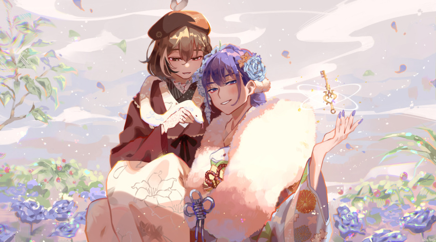 2girls animal animal_on_shoulder blue_flower blue_kimono boros_(ouro_kronii) braid braided_bangs brown_eyes brown_hair brown_headwear brown_kimono cloud commentary ellie_niunai_zhuyi_zhe falling_petals floating floating_object flower furisode hair_flower hair_ornament hand_up highres holding holding_animal hololive hololive_english japanese_clothes key kimono long_sleeves multicolored_hair multiple_girls nanashi_mumei nanashi_mumei_(new_year) official_alternate_costume open_mouth ouro_kronii ouro_kronii_(new_year) outdoors parted_lips petals purple_eyes purple_flower purple_hair purple_nails red_shawl shawl short_hair smile snake streaked_hair tree virtual_youtuber wide_sleeves