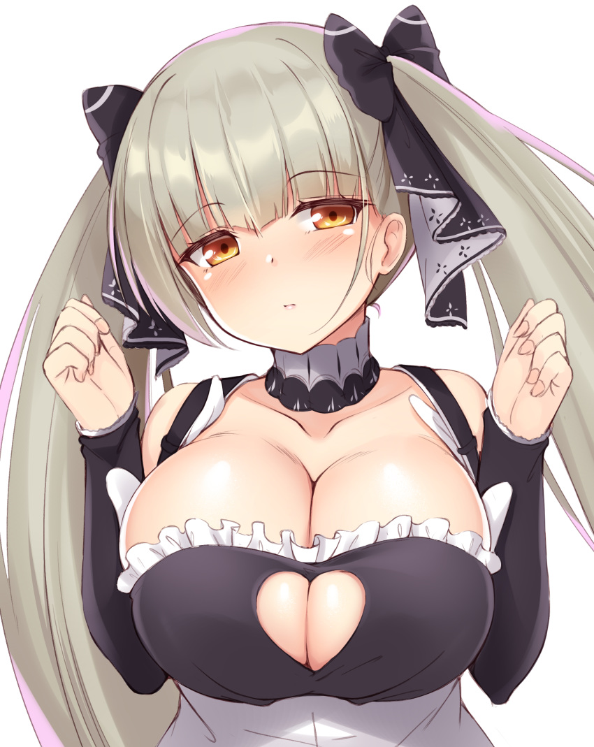 absurdres azur_lane black_ribbon blunt_bangs blush breasts choker cleavage cleavage_cutout closed_mouth clothing_cutout collarbone commentary_request female formidable_(azur_lane) hair_ribbon hands_up heart_cutout highres kageira large_breasts long_hair looking_at_viewer orange_eyes platinum_blonde_hair ribbon simple_background solo twintails two-tone_ribbon upper_body white_background white_ribbon