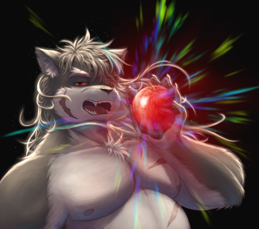 1boy animal_ears apple aura bara belly black_background brown_fur brown_hair chest_tuft colored_sclera commentary dog_boy dog_ears fangs food fruit furry furry_male guadr hair_over_one_eye highres holding holding_food holding_fruit large_pectorals light_particles light_rays long_hair male_focus muscular muscular_male nipples nude open_mouth pawpads pectorals plump red_eyes red_sclera scar scar_on_cheek scar_on_chest scar_on_face scar_on_nose shino_(housamo) solo thick_eyebrows tokyo_afterschool_summoners upper_body