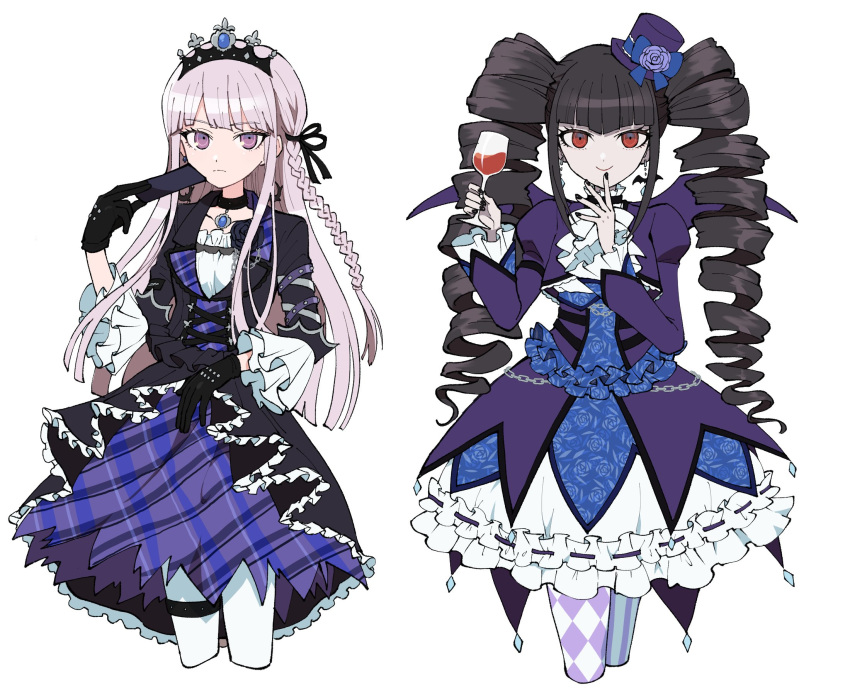 2girls aikatsu! aikatsu!_(series) black_hair bonnet braid celestia_ludenberg commentary cosplay crossover cup danganronpa:_trigger_happy_havoc danganronpa_(series) drill_hair drinking_glass gothic_lolita highres hikami_sumire hikami_sumire_(cosplay) holding kirigiri_kyoko lolita_fashion long_hair multiple_girls omochi_ksw pantyhose purple_eyes purple_hair red_eyes side_braid todo_yurika todo_yurika_(cosplay) twin_drills white_background white_legwear wine_glass