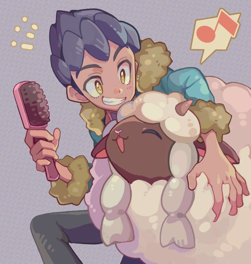 1boy aqua_jacket black_hair black_pants commentary_request fur-trimmed_jacket fur_trim hair_brush highres holding hop_(pokemon) jacket looking_at_another male_focus mkakimikan musical_note pants pokemon pokemon_(creature) pokemon_swsh smile spoken_musical_note teeth wooloo yellow_eyes