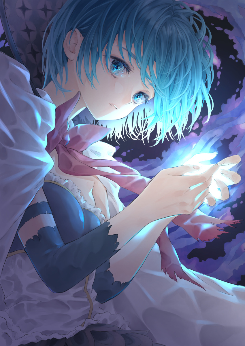 absurdres blue_eyes blue_hair bow bowtie cape female hands_up highres looking_at_another magical_girl mahou_shoujo_madoka_magica mahou_shoujo_madoka_magica_(anime) miki_sayaka miki_sayaka_(magical_girl) oktavia_von_seckendorff riri_(ririwaldorf) short_hair solo torn_clothes