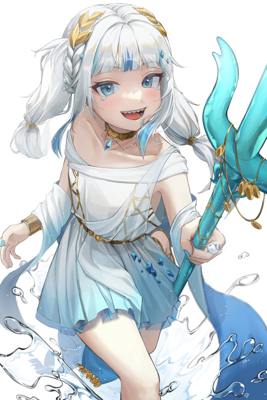 :d aqua_dress aqua_nails bad_id bad_twitter_id bare_shoulders blue_eyes blue_hair blunt_bangs blush braid collarbone colored_tips cowboy_shot dress fangs female fins fish_tail gawr_gura gawr_gura_(party_dress) gradient_dress grey_hair hair_ornament hair_tie highres holding holding_trident holding_weapon hololive hololive_english jewel_under_eye kongsi long_hair looking_at_viewer multicolored_hair nail_polish official_alternate_costume open_mouth polearm shark_girl shark_tail sharp_teeth sidelocks simple_background sleeveless sleeveless_dress smile solo standing streaked_hair tail teeth trident twin_braids twintails twintails_day two-tone_dress two-tone_hair virtual_youtuber water weapon white_background white_dress wristlet