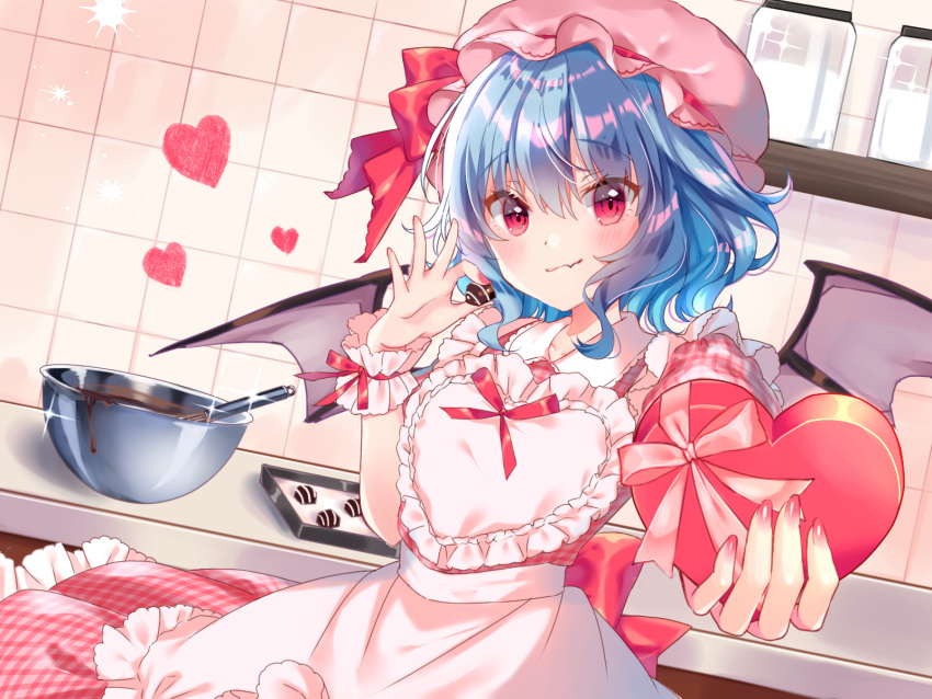 apron blue_hair bowl box chocolate commentary_request cowboy_shot dress dutch_angle fang_out female food frilled_apron frills glint hair_between_eyes hand_up hat hat_ribbon heart heart-shaped_box highres holding holding_box holding_food indoors looking_at_viewer mixing_bowl miyakoto mob_cap nail_polish oerba_yun_fang partial_commentary pink_dress pink_hat pink_nails plaid plaid_dress puffy_short_sleeves puffy_sleeves red_eyes red_ribbon remilia_scarlet ribbon short_hair short_sleeves skin_fang smile solo touhou valentine wrist_cuffs