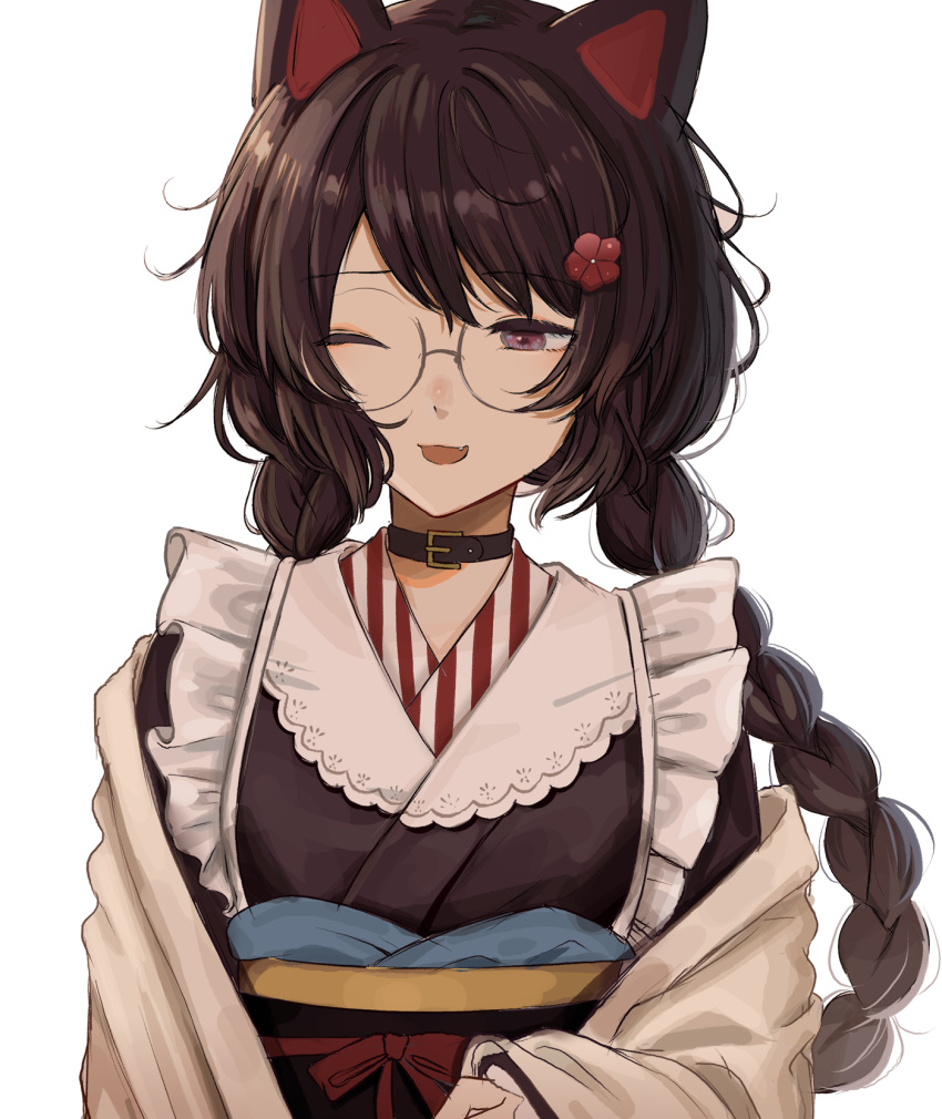 ;d animal_ears bespectacled black_choker black_dress black_kimono braid brown_hair choker commentary dog_ears dress female flower frilled_dress frills glasses hair_flower hair_ornament highres ibuki_(ibuki0118) inui_toko japanese_clothes kimono long_hair looking_down maid nijisanji obi off_shoulder official_alternate_hairstyle one_eye_closed open_mouth red_eyes rimless_eyewear round_eyewear sash simple_background smile solo symbol-only_commentary twin_braids upper_body virtual_youtuber wa_maid white_background