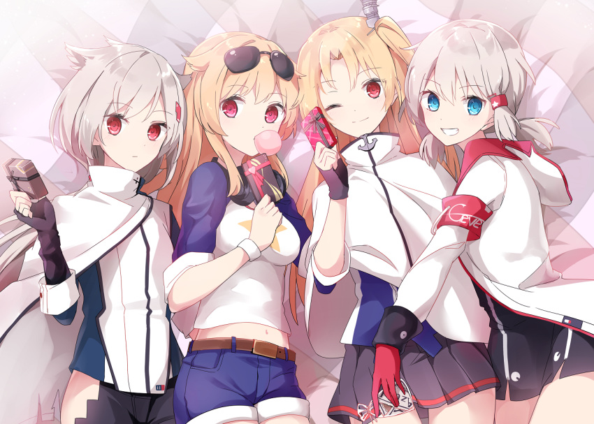 4girls a.a_(aa772) azur_lane bed_sheet black_dress black_gloves black_pants black_skirt blonde_hair blowing_bubbles blue_eyes blue_shirt blue_shorts blush box breasts cape chewing_gum cleveland_(azur_lane) cloak columbia_(azur_lane) commentary denver_(azur_lane) dress eyewear_on_head fingerless_gloves gift gift_box gloves grey_hair grin headphones headphones_around_neck holding holding_gift hood hood_down hooded_jacket jacket long_hair long_sleeves looking_at_viewer lying medium_breasts midriff montpelier_(azur_lane) multiple_girls navel on_back on_side one_side_up open_clothes open_jacket pants pleated_skirt red_eyes red_gloves shirt short_shorts short_sleeves shorts skirt smile star_(symbol) sunglasses valentine very_long_hair white_cape white_cloak white_jacket white_shirt