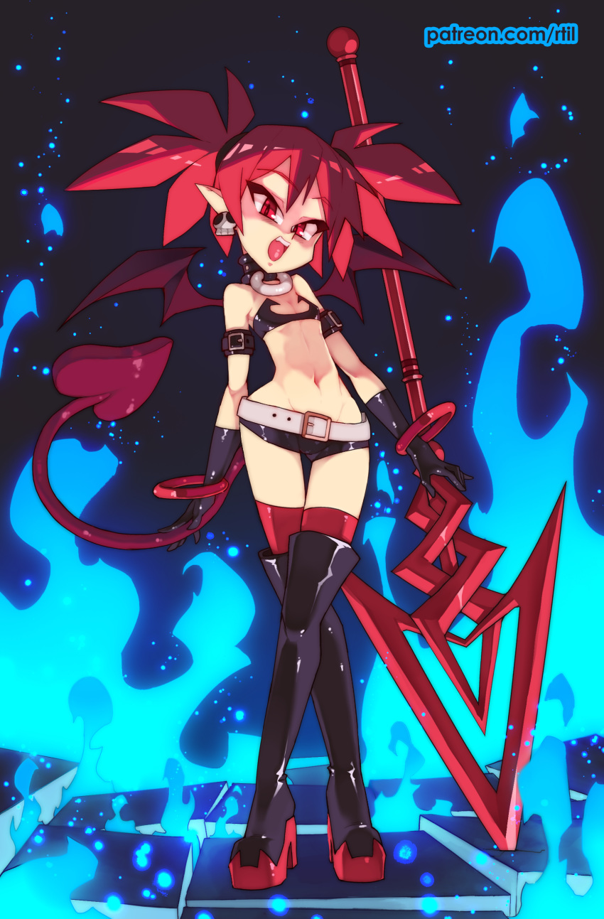 absurdres bare_shoulders belt black_footwear black_gloves blue_fire boots breasts collar commentary crossed_legs demon_girl demon_tail demon_wings disgaea earrings elder_spear etna_(disgaea) female fire full_body gloves high_heel_boots high_heels highres jewelry looking_at_viewer makai_senki_disgaea micro_shorts planted pointy_ears polearm red_eyes red_hair red_thighhighs rtil shorts skull_earrings small_breasts solo spear standing tail thigh_boots thigh_gap thighhighs thighhighs_under_boots twintails watson_cross weapon white_belt wings