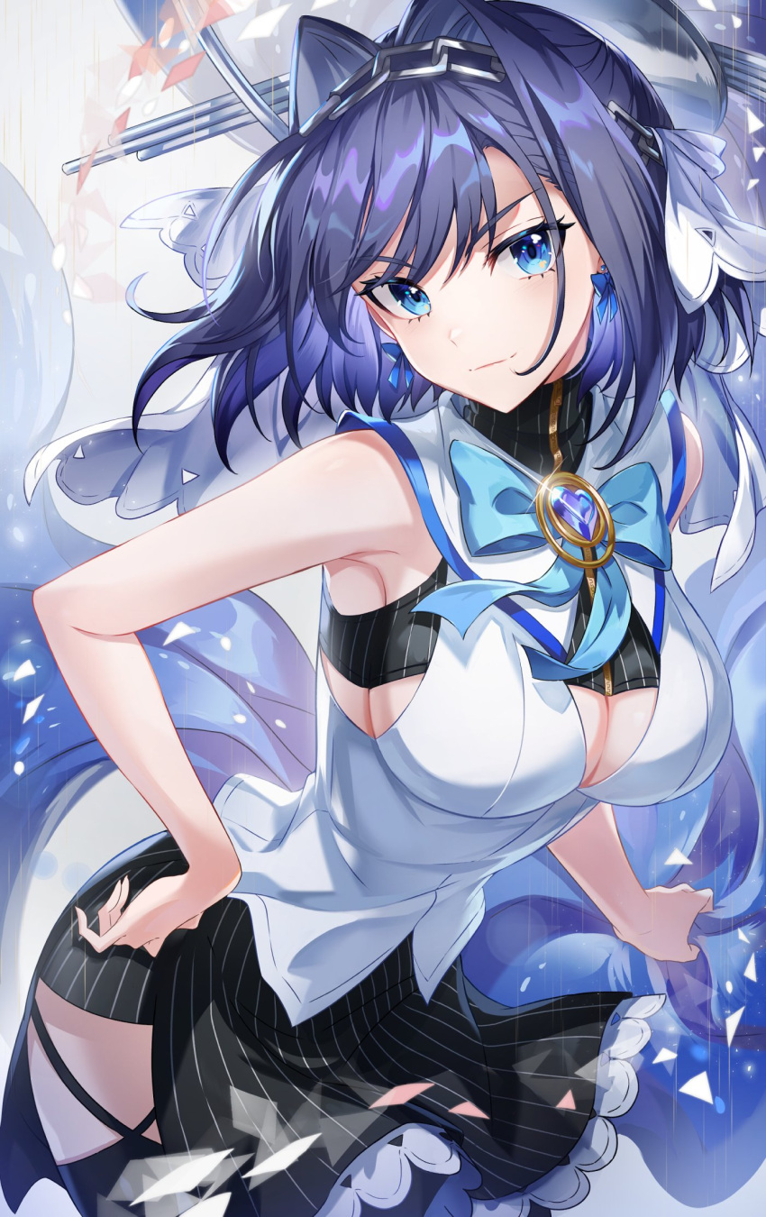 blue_eyes blue_hair blue_ribbon blush bow bow_earrings breasts chains cleavage_cutout clothing_cutout earrings female hair_intakes hair_ornament halo headband heart-shaped_gem highres hololive hololive_english jewelry korean_commentary large_breasts looking_at_viewer mechanical_halo miniskirt multicolored_hair ouro_kronii peumya ribbon sailor_collar shirt short_hair skirt sleeveless sleeveless_shirt smile solo veil virtual_youtuber