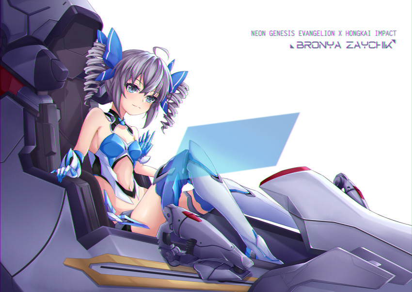 alternate_color antenna_hair bare_shoulders bronya_zaychik bronya_zaychik_(yamabuki_armor) closed_mouth crossover drill_hair female full_body grey_eyes grey_hair hair_between_eyes holographic_interface honkai_(series) honkai_impact_3rd looking_at_viewer miying_(13975192760) navel neon_genesis_evangelion rebuild_of_evangelion simple_background sitting smile solo twin_drills white_background