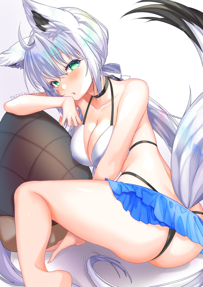 absurdres ahoge animal_ears artist_name ass azur_lane bad_id bad_twitter_id bikini bikini_skirt black_choker blue_skirt blush braid breasts choker collarbone commentary_request duplicate female fox_ears fox_girl fox_tail green_eyes hair_between_eyes highres hololive long_hair looking_at_viewer looking_back low_ponytail medium_breasts microskirt official_alternate_costume pixel-perfect_duplicate ponytail shirakami_fubuki shirakami_fubuki_(beachside_fox) sitting skirt solo swimsuit tail teltelhousi thong_bikini virtual_youtuber white_hair