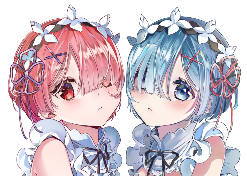 2girls bad_id bad_pixiv_id bare_shoulders black_ribbon blue_eyes blue_hair blush frills hair_ornament hair_over_one_eye hair_ribbon highres looking_at_viewer maid maid_headdress multiple_girls neck_ribbon pink_hair portrait pout ram_(re:zero) re:zero_kara_hajimeru_isekai_seikatsu red_eyes red_ribbon rem_(re:zero) ribbon roswaal_mansion_maid_uniform short_hair shunka_tunacan siblings simple_background sisters twins white_background x_hair_ornament