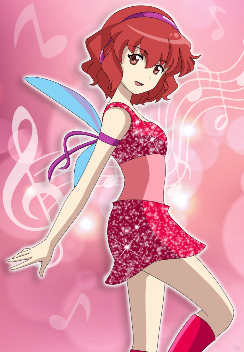 bad_id bad_pixiv_id bare_shoulders boots breasts commentary_request dress fairy_wings fantasy female hair_between_eyes hairband highres horikawa_raiko looking_at_viewer lunamoon_(style) medium_breasts multicolored_clothes multicolored_dress musical_note open_mouth parody pink_background pink_dress pink_hairband red_dress red_eyes red_footwear red_hair remyfive short_hair sleeveless smile solo sparkle sparkle_print standing touhou wings winx_club