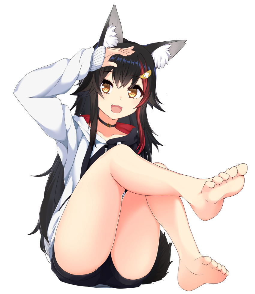 :3 :d absurdres animal_ear_fluff animal_ears bad_id bad_pixiv_id bare_legs barefoot black_hair feet female foot_focus foreshortening full_body highres hololive hood hood_down hoodie long_hair multicolored_hair official_alternate_costume ookami_mio ookami_mio_(casual) open_mouth orange_eyes otaku_heishi red_hair shorts sleeves_past_wrists smile soles solo streaked_hair tail thighs toes virtual_youtuber wolf_ears wolf_girl wolf_tail