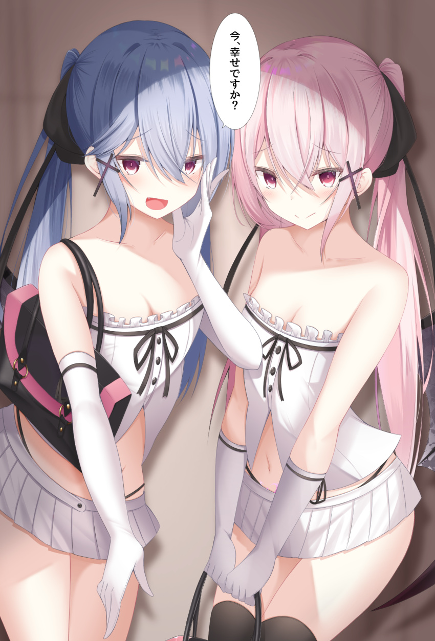 2girls :d bag bare_shoulders black_legwear blue_hair breasts cleavage collarbone commentary_request cowboy_shot crop_top doyachii elbow_gloves frilled_shirt frills gloves hair_between_eyes hair_ornament hair_ribbon highleg highres long_hair looking_at_viewer midriff miniskirt multiple_girls oerba_yun_fang open_mouth original pink_hair pleated_skirt red_eyes ribbon shirt shoulder_bag skirt sleeveless sleeveless_shirt small_breasts smile speech_bubble strapless strapless_shirt thighhighs translation_request twintails white_gloves white_shirt white_skirt zettai_ryouiki