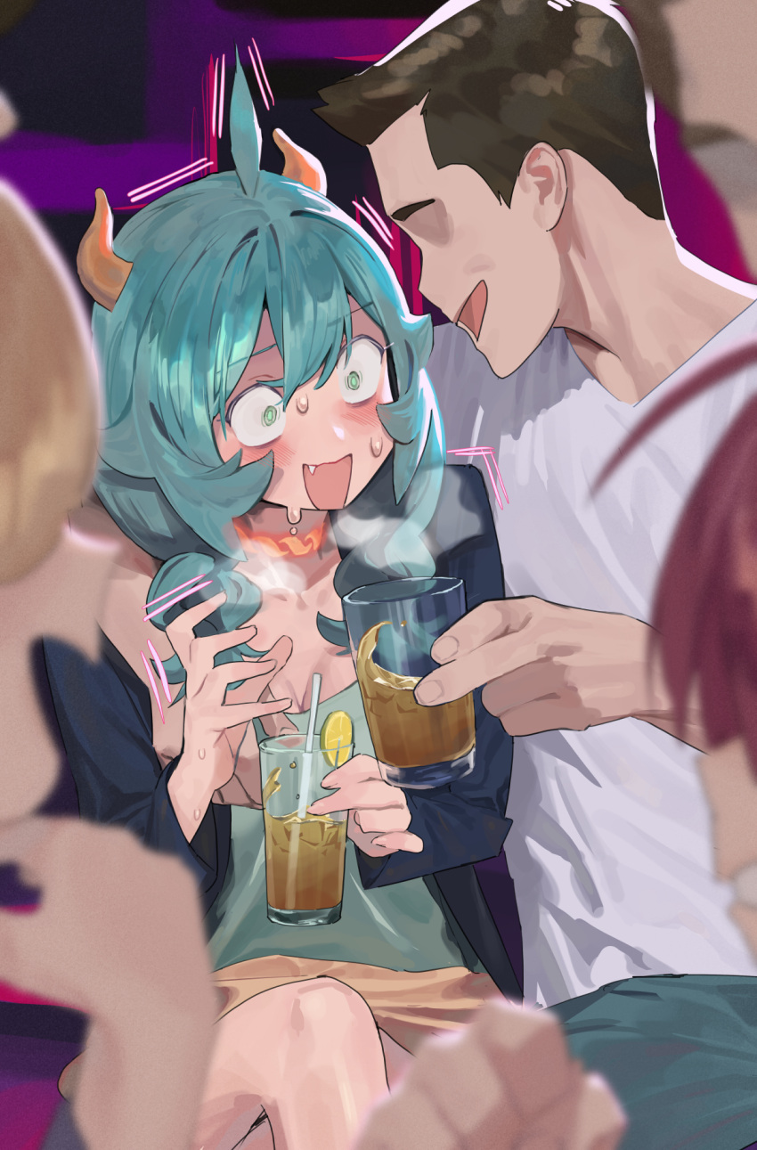 1boy 3girls ahoge alcohol aqua_hair aqua_shirt arm_on_another's_shoulder blonde_hair blue_jacket blurry blurry_background blurry_foreground blush breasts brown_hair brown_skirt choker cleavage crossed_legs depth_of_field drinking_straw eyelashes hair_between_eyes hands_up highres hipa_(some1else45) holding horns indoors jacket leaning_on_person medium_breasts multiple_girls nahia_(some1else45) oerba_yun_fang open_mouth original out_of_frame red_hair ringed_eyes sekoshi_(some1else45) shirt short_hair sidelocks sitting skirt some1else45 sweatdrop tea