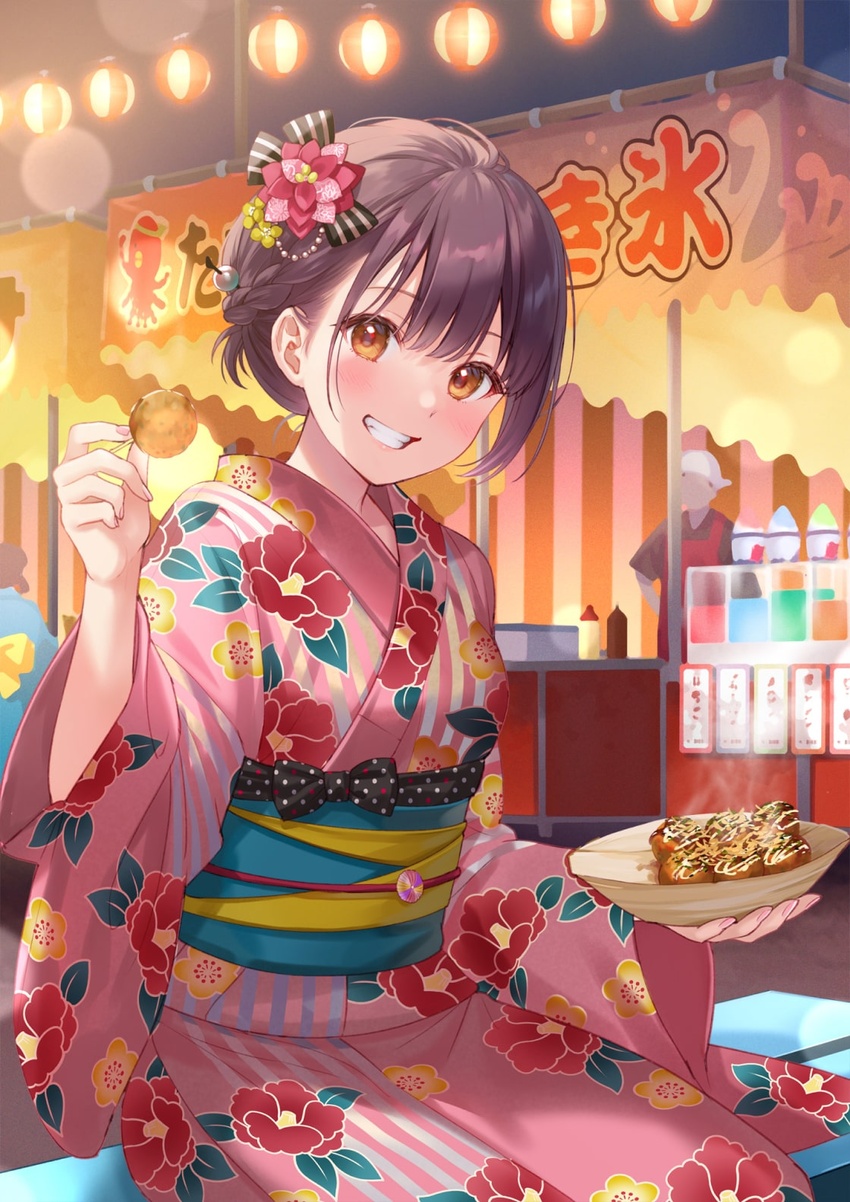 bad_source blush braid brown_eyes brown_hair cowboy_shot eyebrows_hidden_by_hair female floral_print food food_stand french_braid fukahire_(ruinon) grin hair_ornament hair_ribbon hairpin highres japanese_clothes kimono original ribbon smile sorai_mahiru_(fukahire) yukata