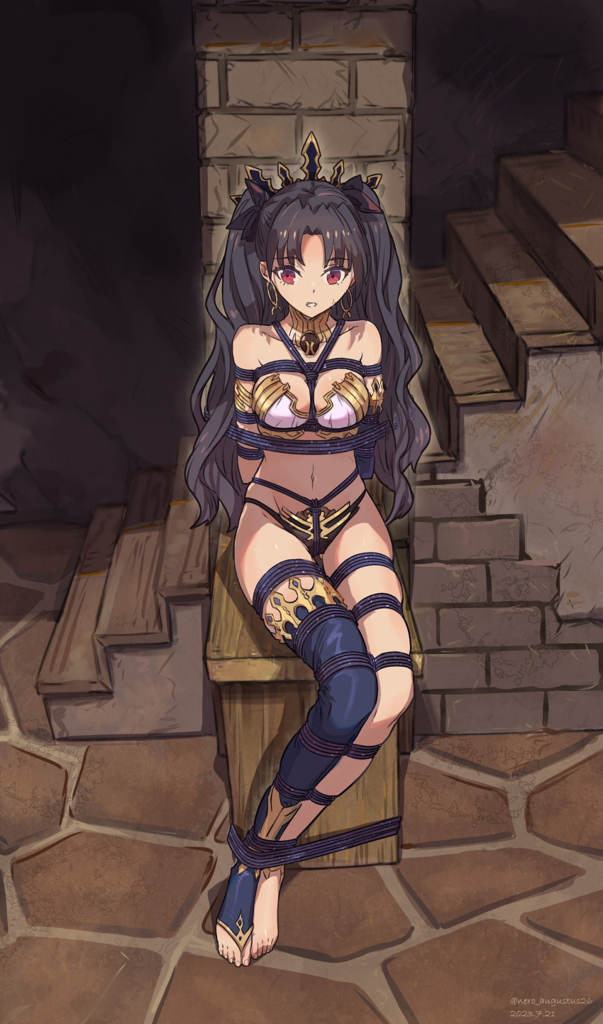 absurdres arms_behind_back ass barefoot black_hair black_ribbon blush bondage bondage bondage bound bound_ankles bound_arms bound_legs breasts dated earrings fate/grand_order fate_(series) feet female full_body hair_ribbon highres hoop_earrings ishtar_(fate) jewelry legs legs_together medium_breasts navel nero_augustus no_shoes purple_rope red_eyes restrained ribbon rope shibari_over_clothes single_thighhigh sitting solo thighhighs toeless_legwear toenails toes twitter_username two_side_up variant_set