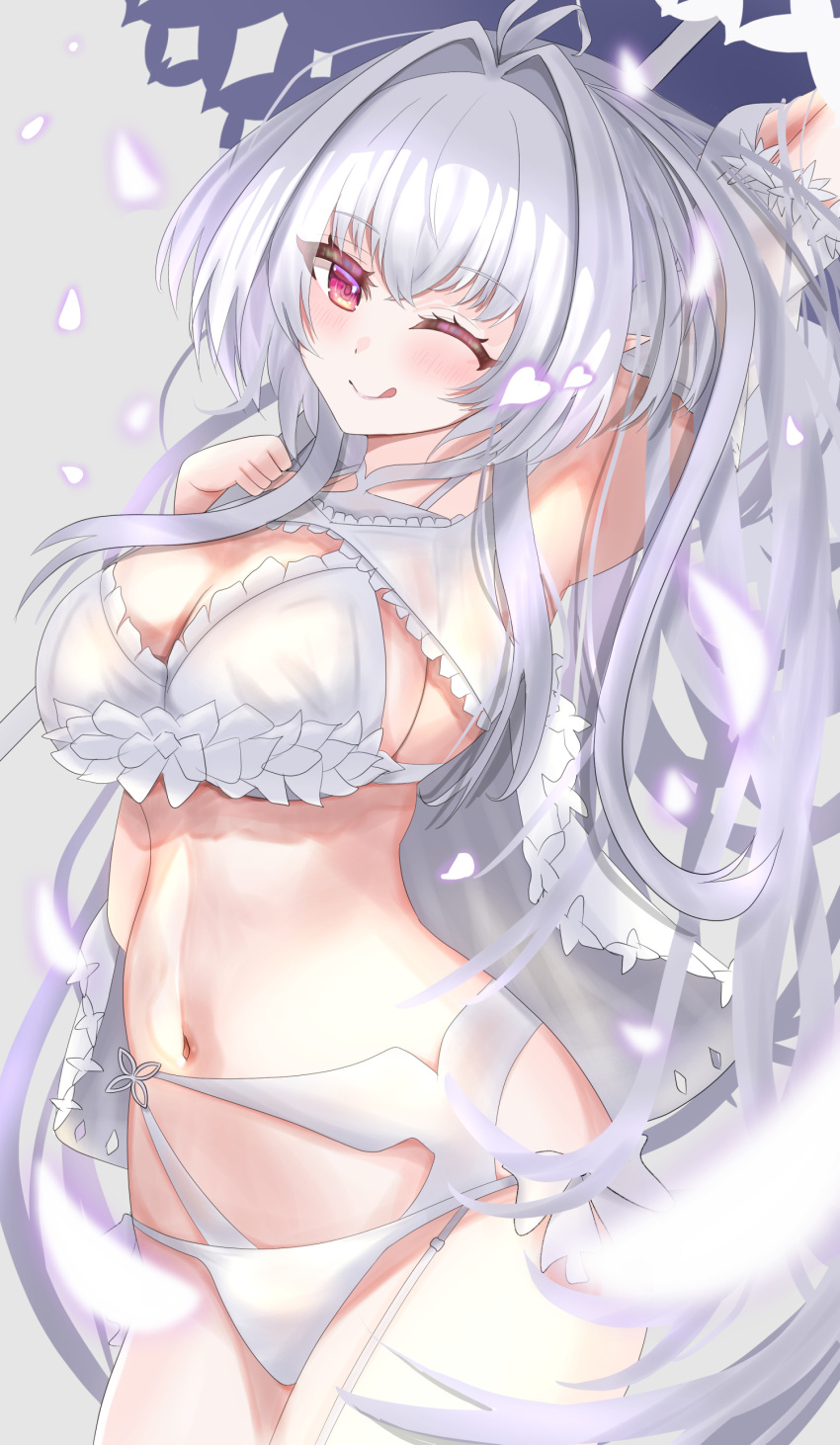 absurdres ahoge arm_up armpits bare_shoulders bikini breasts cleavage fate/grand_order fate_(series) female frilled_bikini frills highres iii_(pixiv27971399) lady_avalon_(fate) lady_avalon_(second_ascension)_(fate) large_breasts licking_lips long_hair looking_at_viewer merlin_(fate/prototype) navel one_eye_closed parasol petals purple_eyes smile solo swimsuit thighs tongue tongue_out umbrella very_long_hair white_bikini white_hair