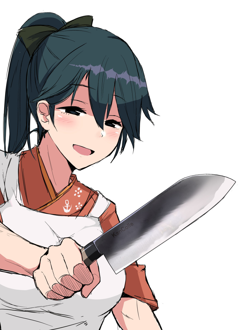 absurdres anchor_print apron black_eyes blue_hair blush breasts female floral_print hair_ribbon highres holding holding_knife houshou_(kancolle) japanese_clothes kantai_collection kihou_no_gotoku_dmc kitchen_knife knife long_hair meme open_mouth parody ponytail ribbon santoku_knife simple_background solo tsukiji_uogashi_sandaime upper_body white_apron white_background