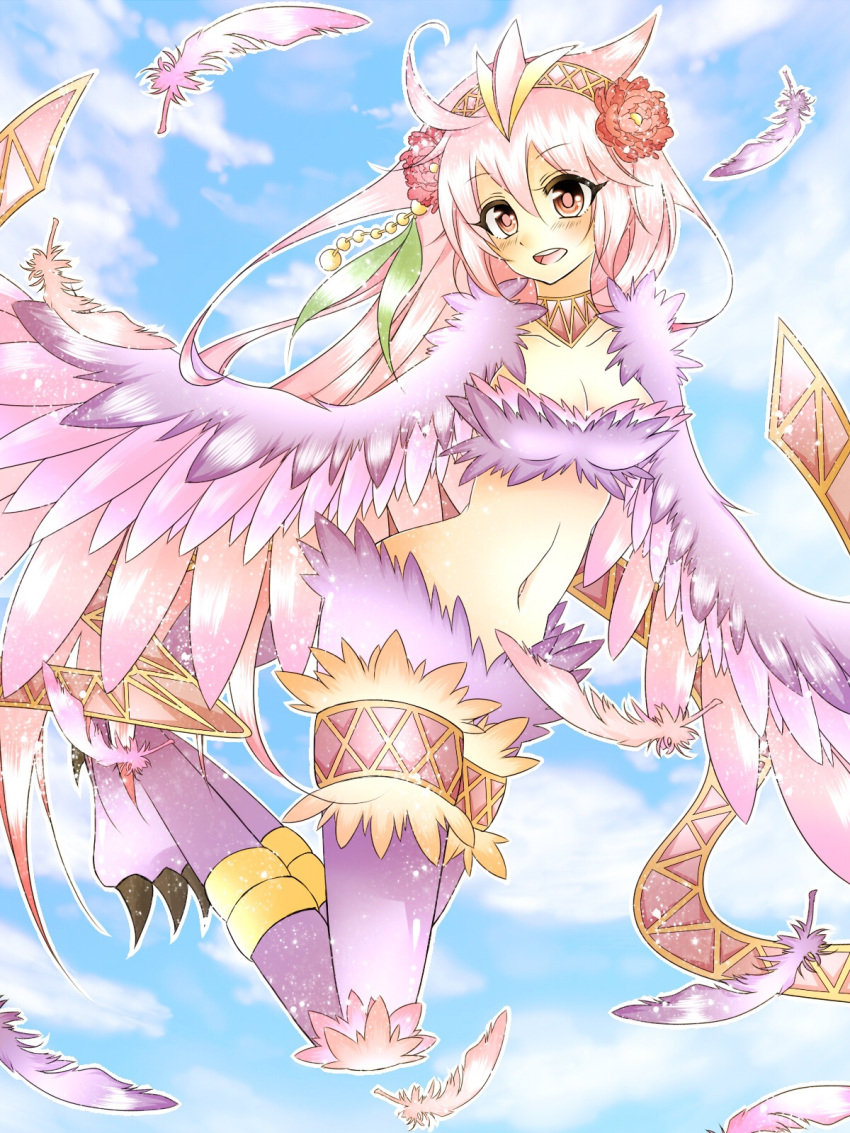 ahoge bird_legs blush breasts character_request cleavage dragon_poker feathers female flower flying hair_between_eyes hair_flower hair_ornament hairband harpy highres lena07x long_hair midriff monster_girl navel open_mouth pink_eyes pink_feathers pink_hair pink_wings red_flower sky small_breasts solo talons very_long_hair winged_arms wings