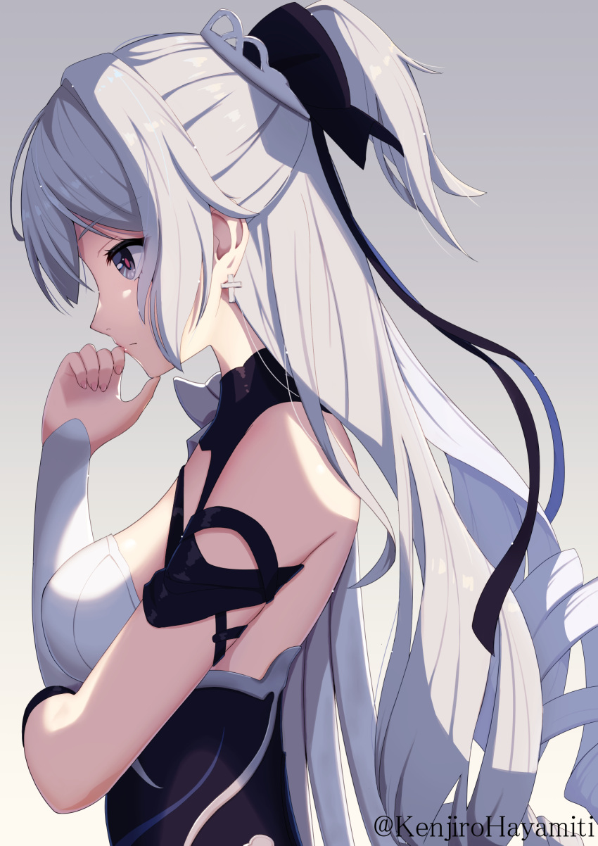 arm_under_breasts artist_name black_dress breasts bronya_zaychik bronya_zaychik_(silverwing:_n-ex) closed_mouth dress drill_hair earrings female grey_background grey_eyes grey_hair hand_on_own_chin highres honkai_(series) honkai_impact_3rd jewelry kenjirohayamiti large_breasts long_hair single_sleeve solo upper_body very_long_hair white_sleeves