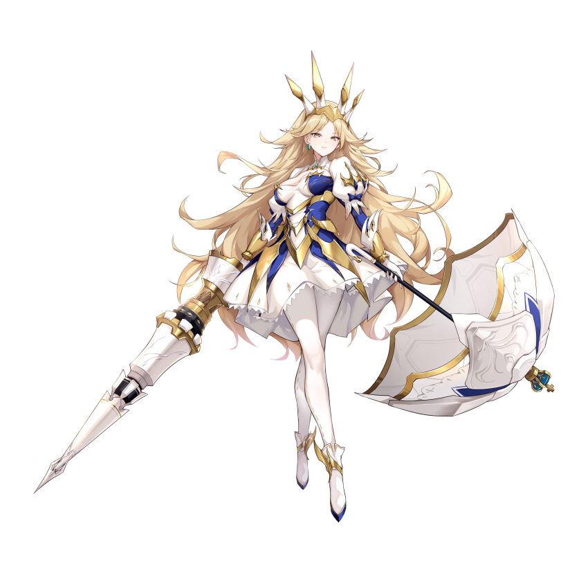 absurdres arms_at_sides artist_request blonde_hair closed_mouth crossed_legs crown dress female full_body highres holding holding_umbrella holding_weapon illusion_connect long_hair official_art pantyhose puffy_sleeves selena_(illusion_connect) shoes simple_background solo standing third-party_source transparent_background umbrella watson_cross weapon yellow_eyes