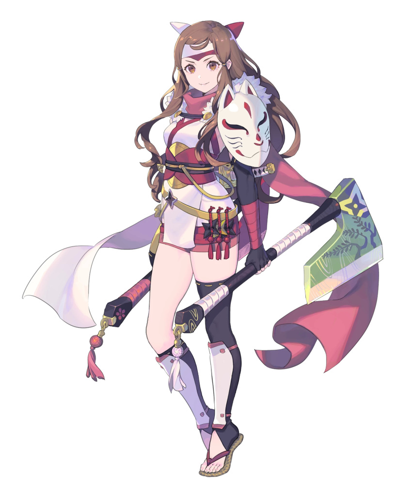 armor asymmetrical_legwear axe battle_axe breasts brown_eyes brown_hair closed_mouth detached_sleeves dual_wielding elbow_gloves enkyo_yuuichirou female fingerless_gloves fire_emblem fire_emblem_fates fire_emblem_heroes fox_mask full_body fur_trim gloves hana_(fire_emblem) hana_(ninja)_(fire_emblem) headband highres holding holding_weapon japanese_clothes long_hair looking_at_viewer mask medium_breasts ninja non-web_source official_art reverse_grip sandals shin_guards shoulder_armor shuriken smile solo standing sword thighs tied_hair toeless_legwear toes transparent_background uneven_legwear weapon