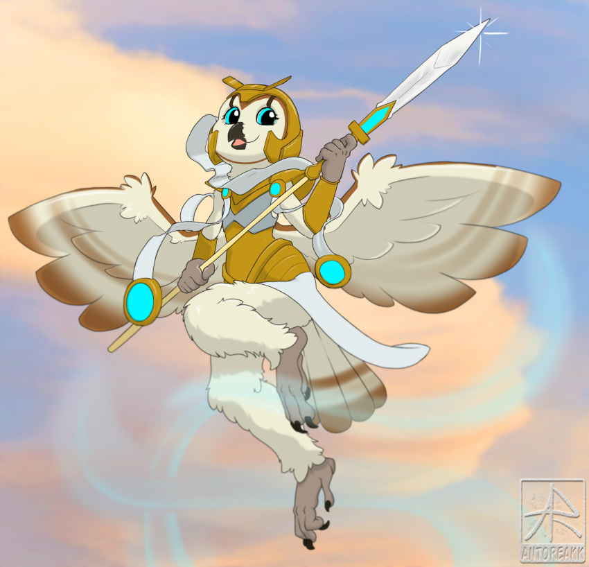 anthro antoreakk armor avian barn_owl bird blue_eyes derevi feet female flying gold_(metal) gold_armor hasbro hi_res magic:_the_gathering melee_weapon owl polearm solo spear spread_wings talons toes tyto tytonid weapon wings wizards_of_the_coast