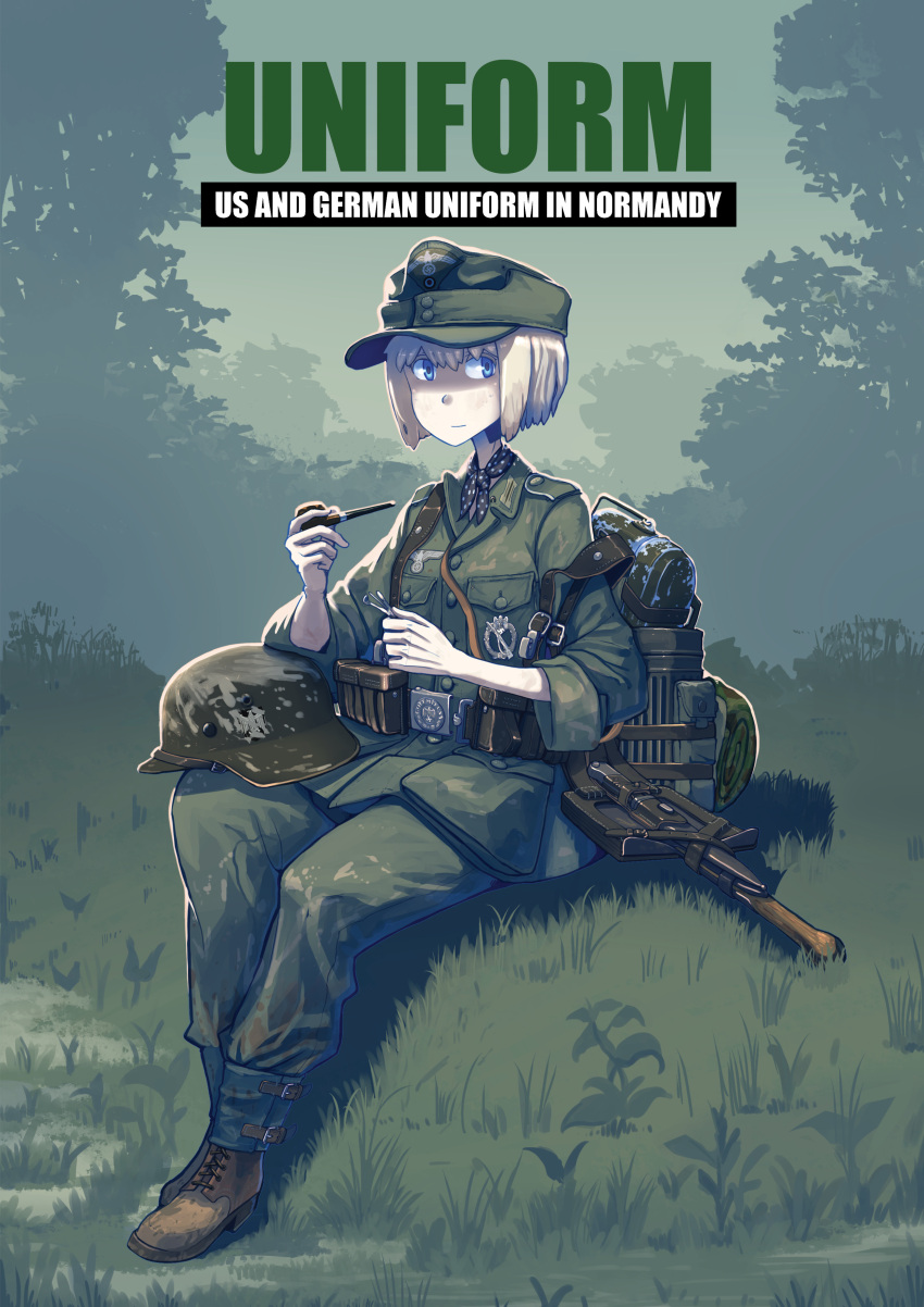 absurdres blonde_hair blue_eyes boots breast_pocket brown_footwear combat_helmet cover cover_page english_commentary english_text erica_(naze1940) female grass green_hat green_jacket green_pants hat helmet helmet_in_lap highres holding holding_smoking_pipe jacket leyna_koch military military_hat military_uniform original outdoors pants pocket short_hair shovel sitting smoking_pipe solo stahlhelm swastika uniform unworn_headwear unworn_helmet wehrmacht world_war_ii