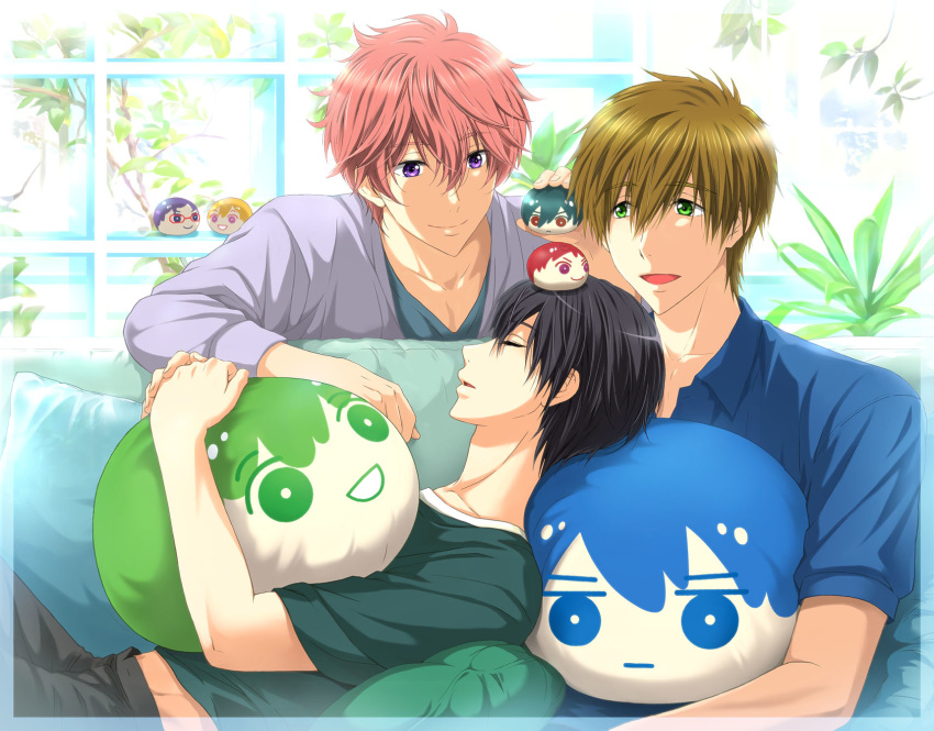 3boys :d black_hair character_doll commentary_request couch free! green_eyes hazuki_nagisa highres kirishima_ikuya lying male_focus multiple_boys nanase_haruka_(free!) omanjuu_mascot on_back on_couch open_mouth partial_commentary pillow pink_hair purple_eyes ryuugazaki_rei shigino_kisumi shiina_asahi sitting sleeping smile studio_viga tachibana_makoto