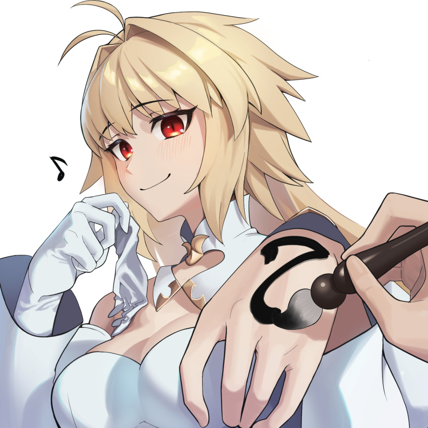 archetype_earth arcueid_brunestud bare_shoulders blonde_hair blush body_writing breasts calligraphy_brush cleavage detached_collar detached_sleeves dress fate/grand_order fate_(series) female gloves highres holding holding_clothes holding_gloves large_breasts long_hair looking_at_viewer magictuna musical_note outstretched_arm paintbrush red_eyes smile solo_focus tsukihime unworn_gloves very_long_hair white_dress white_gloves