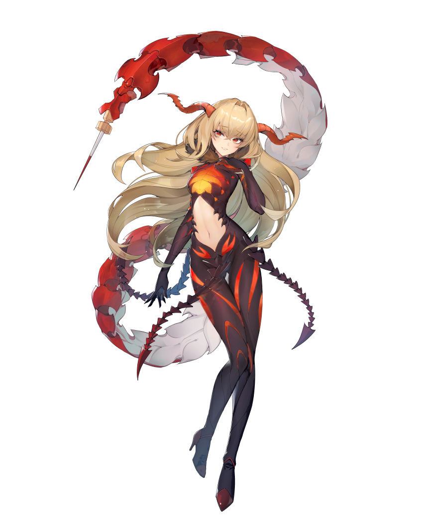 absurdres arm_at_side artist_request astaroth_(illusion_connect) blonde_hair bodysuit breasts clothing_cutout female floating floating_hair full_body hair_between_eyes hand_up highres horns illusion_connect long_hair midair navel navel_cutout official_art red_eyes simple_background small_breasts solo tail third-party_source transparent_background